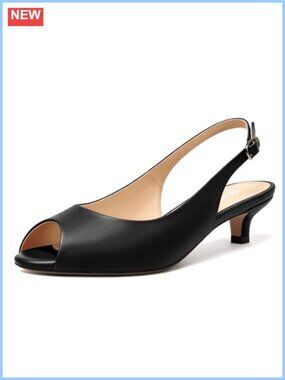 Women's Peep Toe Slingback Kitten Heels Faux Leather Adjustable Buckle